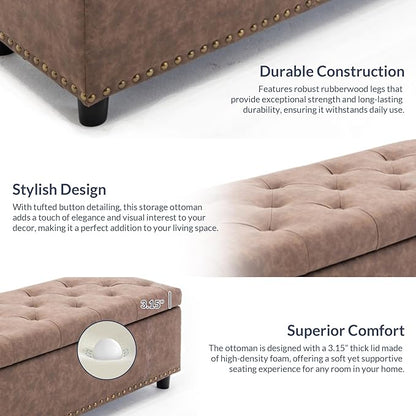 BELLEZE 47" Storage Ottoman, Storage Bench with Safety Close Hinge, Faux Leather Button-Tufted Ottoman for Living Room, Entryway, Hallway, Foot Rest, Support 300lbs - Rustic Brown