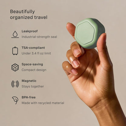 Cadence Travel Containers Basic Skincare Set - Magnetic Containers with Lids,Carry On Travel Essentials For Women/Men - 3 Small Capsules (0.56oz) - Cleanser, Moisturizer & Sun-Icon Labels - Evergreen
