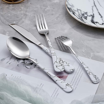 20-Piece White Silverware Set with White Handle 18/0 Stainless Steel Flatware Marbling Handle Cutlery Black Service for 4 Dinner Knives Forks Spoons Set Finish Dishwasher Safe