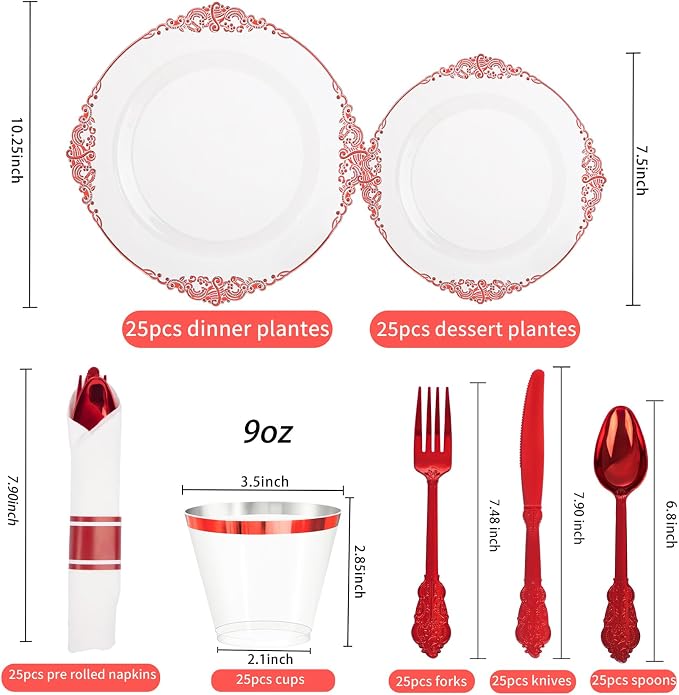 175 Pcs Clear Red Plates for Party | Red Party Plates Set for 25 Guests