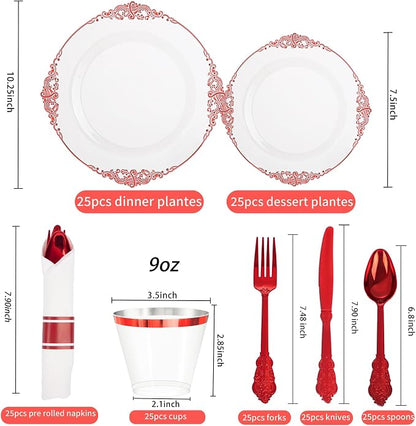 175 Pcs Clear Red Plates for Party | Red Party Plates Set for 25 Guests