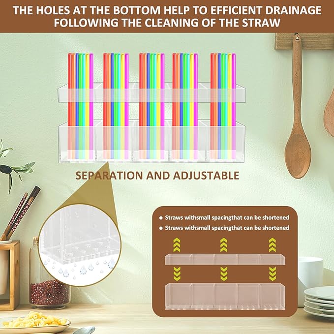 9.8” Acrylic Straw Holder with Double Sided Adhesive Tape Reusable Tumbler Straw Organizer Storage Container for Counter Cabinet Cupboard Kitchen( Large)