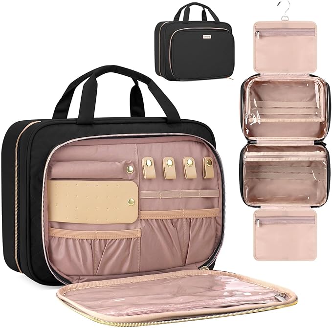 8L Travel Toiletry Bag with Jewelry Organizer for Women - 2.1 GAL Water-resistant Makeup Cosmetic Bag With Hanging Hook for Accessories Shampoo Full-size Container, Black