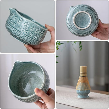 Matcha Whisk Set, Ceramic Matcha Kit Includes Matcha Bowl, Matcha Whisk and Holder, Bamboo Scoop, Scoop Rest, Sifter and Tea Towel - 7 Pcs Matcha Kit for Matcha Lovers (Blue)