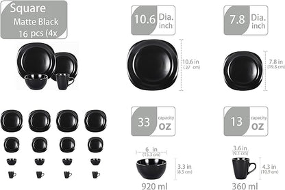 Stoneware Square 16pc Dinnerware Set, Matte Black