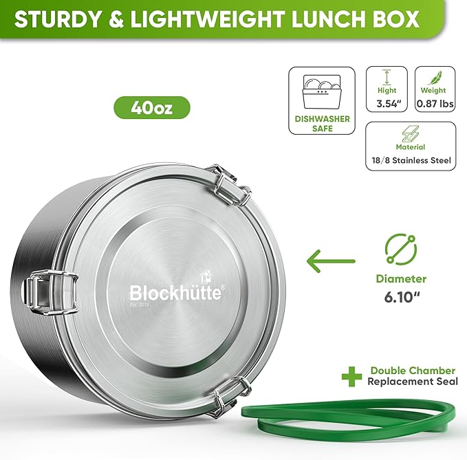 Blockhütte Metal Lunch Container 40oz with Spork, Bento Box Adult Metal BPA Free, Stainless Lunch Box for Work Dishwasher Safe, Stainless Steel Food Storage Containers Leakproof