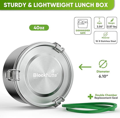 Blockhütte Metal Lunch Container 40oz with Spork, Bento Box Adult Metal BPA Free, Stainless Lunch Box for Work Dishwasher Safe, Stainless Steel Food Storage Containers Leakproof