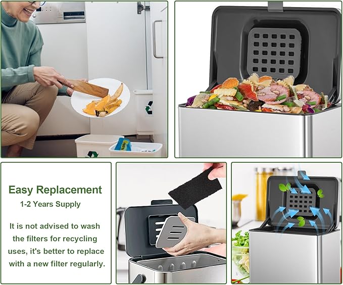 15 Pack Trash Can Odor Filter Refills for Trash Can and Compost Bin, Activated Charcoal Deodorizer Sheets for Indoor Kitchen Compost Bucket Countertop and Recycle Bin, Square 3.9 Inch
