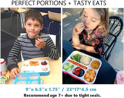 Bento Lunch Boxes with Bag and Ice Packs | Bento-Box Insulated Bag Ice Cold Pack Set of Two for Kids Adults | Value Container Set for School Kid Lunches, 6 Compartments BPA Free, Blue & Pink