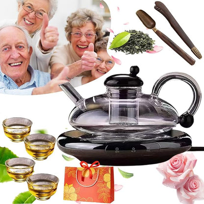 2026 Upgrade - 24 OZ Luxury Glass Teapot with Warmer,Automatic Electric Kettle with Tea Infuser,Teapot and Cup Set with Warmer,New Year Christmas Gift for Tea Lovers (Transparent set + 4 cups)
