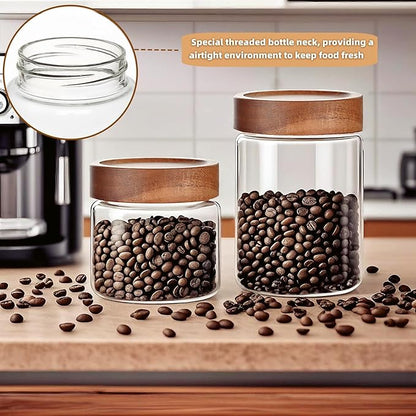 17 Fl oz/500 ml Glass Food Storage Jar, Premium Clear Glass Container Jar with Airtight Wooden Screw Lid, Kitchen Canisters for Coffee,Tea,Pasta,Cookies, Nuts,Spice,Candy,Overnight Oatmeal（Small)