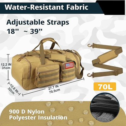 Tactical Gym Bag for Men，70L Large 3 in 1 Sports Duffle Bag with Shoes Compartment for Travel,Water Resistant Travel Backpack Weekender Overnight Bag with Wet Pocket for Women
