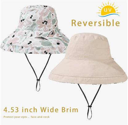vidsel Womens Sun Hats Wide Brim Reversible Bucket Cotton Hat Packable Summer Travel Cap with Hat Clip,UV Protection