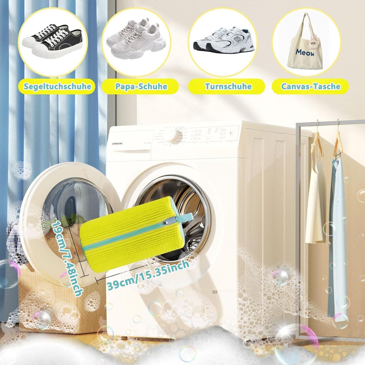 2Pcs Shoe Washing Machine Bags, Laundry Shoe Bags for Washer and Dryer, Sturdy Zipper with Hook Design, Reusable Washing Bag for Sneaker, Tennis, Fits All Shoe Types & Sizes, （Yellow 2 Packs）