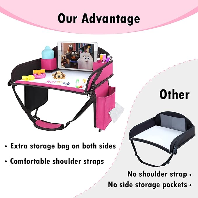 Kids Travel Tray for Airplane - Toddler Car Seat Table Tray, Road Trip Essentials for Boys & Girls, Carseat Lap Desk for Kids Road Trip Activities (Pink-2PCS)