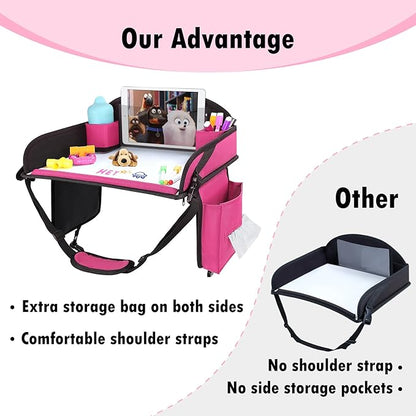 Kids Travel Tray for Airplane - Toddler Car Seat Table Tray, Road Trip Essentials for Boys & Girls, Carseat Lap Desk for Kids Road Trip Activities (Pink-2PCS)