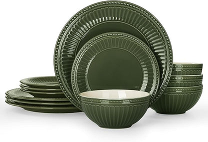 Famiware Garden Plates and Bowls Set, 12-Piece Dishes Set for 4, Scratch Resistant Kitchen Dishes Dinnerware Set - Microwave and Dishwasher Safe, Reactive Glaze and Embossed Stoneware, Dark Green