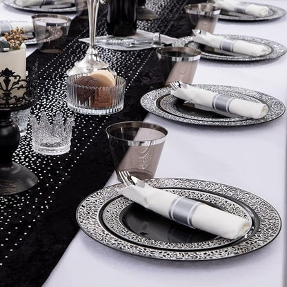 NOCCUR 210PCS Black and Silver Dinnerware Set for 30 Guests - Black Plastic Plates with Silver Rim Include 30 Dinner / 30 Dessert Plates, 30 Prewrapped Silverware, 30 Cups Ideal for Party/New Year