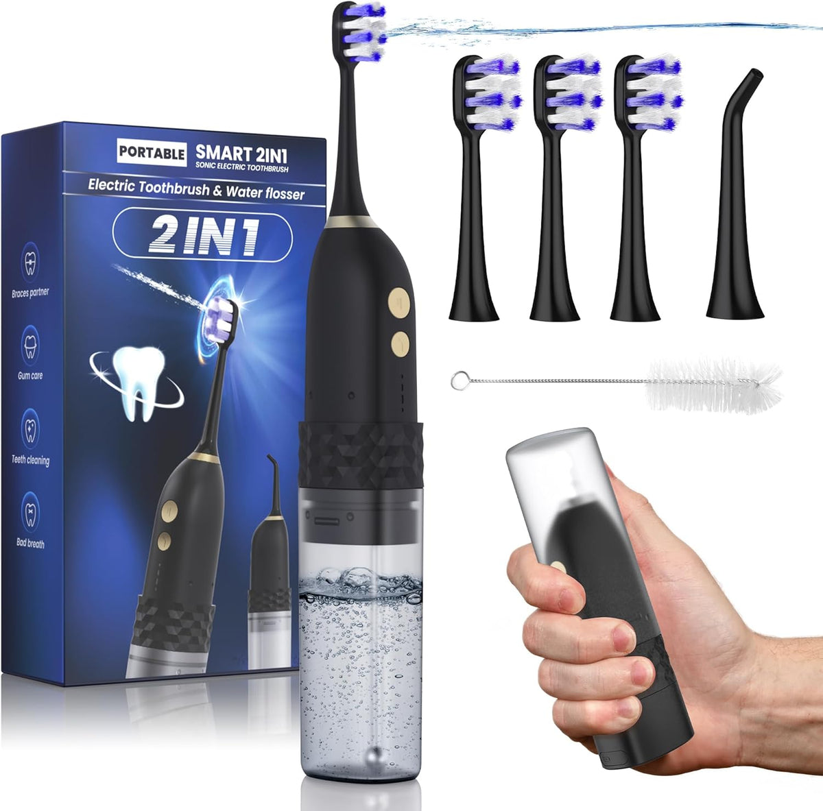 Portable Water flosser with Electric Toothbrush, 2 in 1 Teeth Cleaning Kit, Electric Toothbrush and flosser Combo, Water Flosser for Travel and Home (Black)