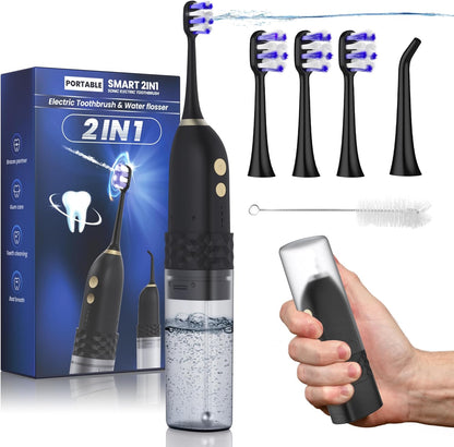 Portable Water flosser with Electric Toothbrush, 2 in 1 Teeth Cleaning Kit, Electric Toothbrush and flosser Combo, Water Flosser for Travel and Home (Black)