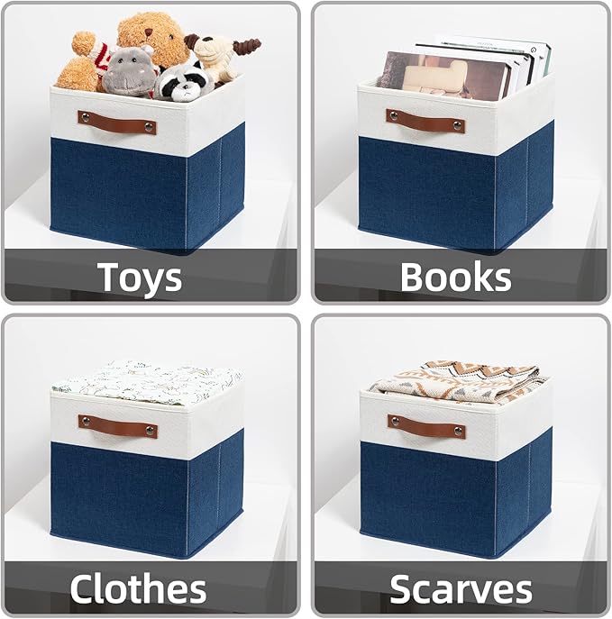 HNZIGE Cube Storage Bins Basket for Shelves Set of 4, Fabric Storage Cubes Baskets Closet Storage Bins for Cube with Handles, Cubby Storage Bins Baskets for Organizing Home and Office (White Blue)