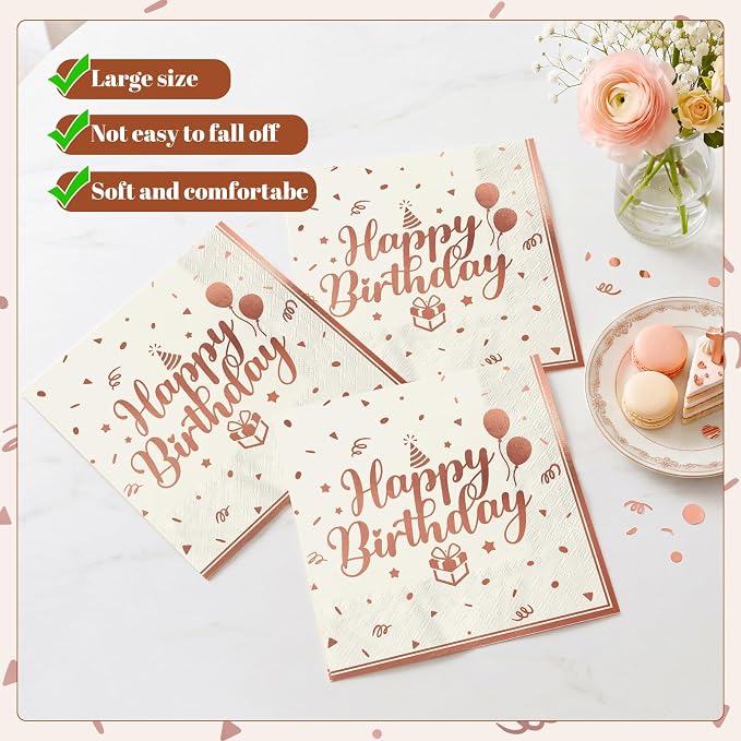 NatNarr 50 Pcs Happy Birthday Plates and Napkins Set, 7 Inch Pin Rose Gold