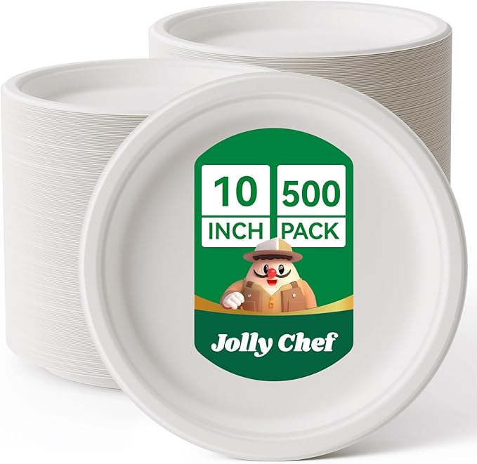 JOLLY CHEF Compostable Heavy Duty Plates 𝟭𝟬 𝗜𝗻𝗰𝗵 [𝟱𝟬𝟬 𝗣𝗮𝗰𝗸] Eco-Friendly Disposable White Paper Plates Made of Bagasse Biodegradable Bulk for Party Dinner Sugarcane Thanksgiving Day