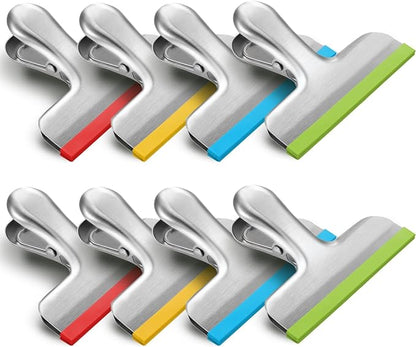 HOUSE AGAIN 8 Pack Stainless Steel Chip Bag Clips Covered with Silicone - NO More Sharp Edges - Color Coded for Food Bags - Air Tight Seal, Heavy Duty for Kitchen and Office, 3 Inches