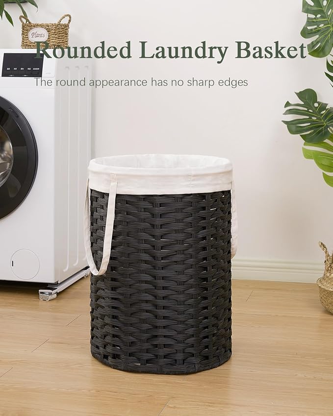 Laundry Hamper Laundry Basket Round 19.0 Gal (72 L) Handwoven Rattan Laundry Basket, Large Wicker Laundry Hamper with Removable Laundry Bag Handles 2 Mesh Bags for Bathroom Living Room Black
