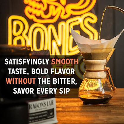 Bones Coffee Company Dragon's Lair, Smokey, Cacao and Caramelized Sugar Notes, Unflavored Coffee, Medium Roast Low Acid Arabica Beans Compatible with Auto drip and French Press Coffee Maker, 12 Oz Ground