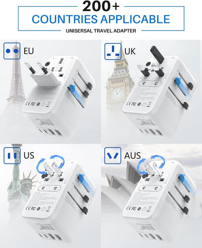 DOACE Universal Travel Adapter, 100W GaN 3.0 International Power Adapter with Built-in USB-C Cable, 6 in 1 Travel Adapter with 5 USB Ports, Plug Adapter Worldwide for EU/UK/USA/AUS(White)
