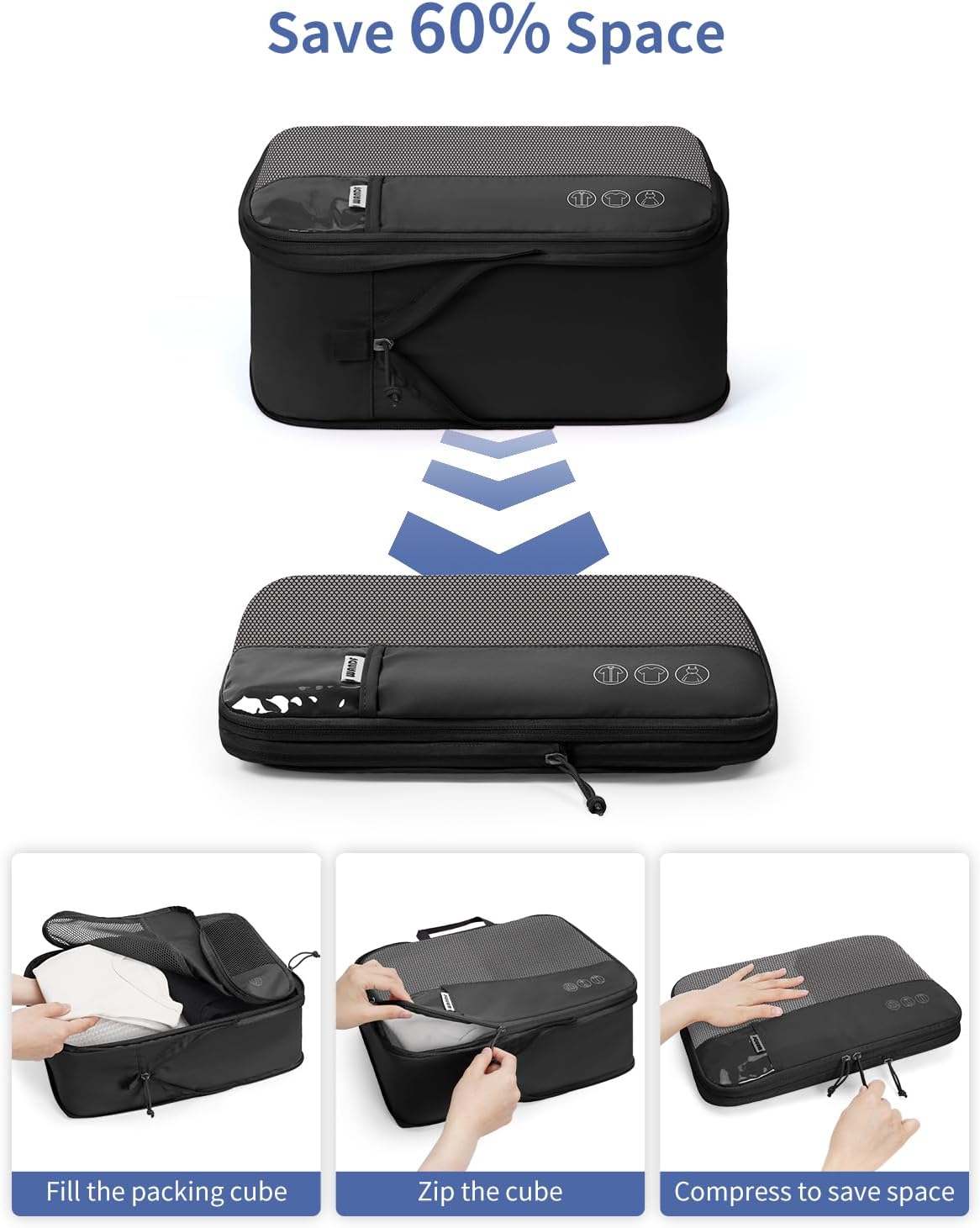 WANDF 7 Set Compression Packing Cubes for Travel, Shirt Folder for Wrinkle-Free, Suitcase Organizer Bags Set for Carry-On Checked Luggage Duffle Bag Women Men(Black)