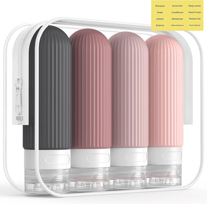ME.FAN Travel Bottles for Toiletries, TSA Approved 3oz Silicone Journey Size Containers, Portable Split Bottle for Conditioner, Shampoo, Lotion- 4 Pack Pink