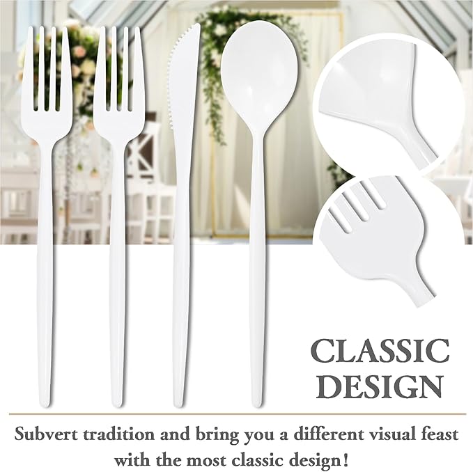 Supernal 180PCS White Plastic Silverware,White Utensils Set Disposable,Disposable Silverware Include 60 Forks,60 Knives,60 Spoons,Heavy Duty Party Cutlery for Birthday,Dinner,Wedding