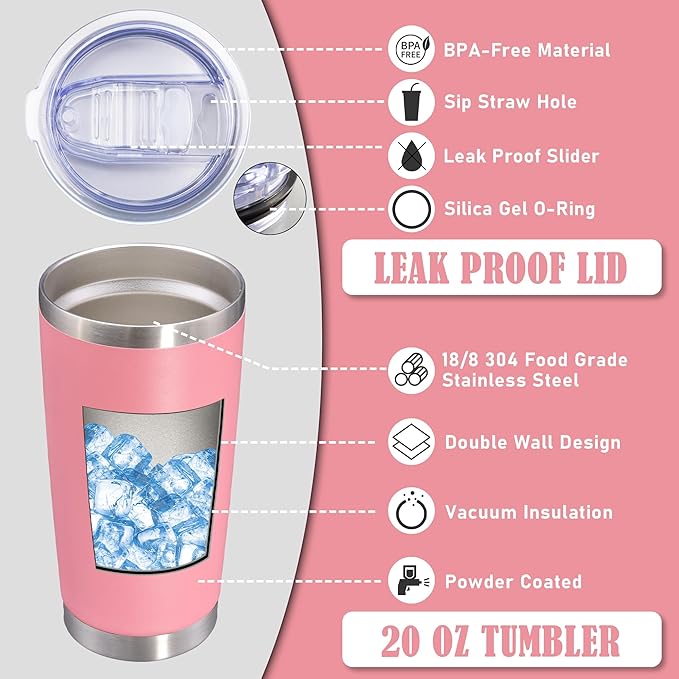 20 oz Tumbler Coffee Tavel Tumblers Bulk with Lid Stainless Steel Double Wall Vacuum Insulated Mug Powder Coated Cups fit Car Cupholder for Hot and Cold - Pink, 1Pack