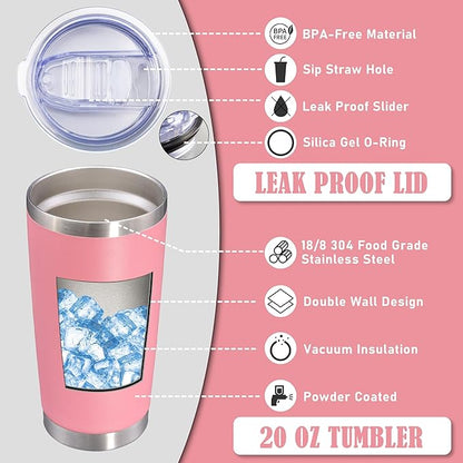 20 oz Tumbler Coffee Tavel Tumblers Bulk with Lid Stainless Steel Double Wall Vacuum Insulated Mug Powder Coated Cups fit Car Cupholder for Hot and Cold - Pink, 1Pack