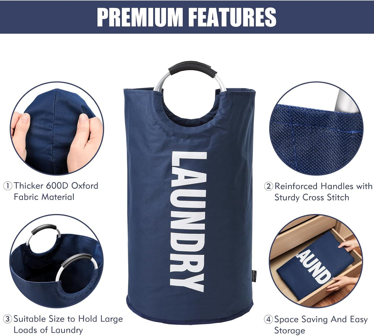 DOKEHOM 125L X-Large Collapsible Washing Laundry Basket Bag (7 Colors) for Bedroom, Fabric (Dark Blue, XL)
