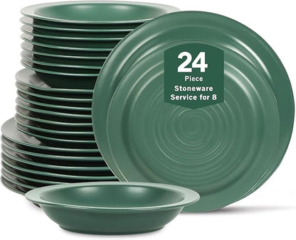 Stone Lain Orbit 24-Piece Dinnerware Set Stoneware, Plates and Bowls Set, Pasta Bowls, Microwave and Dishwasher Safe, Dish Set for 8, Green