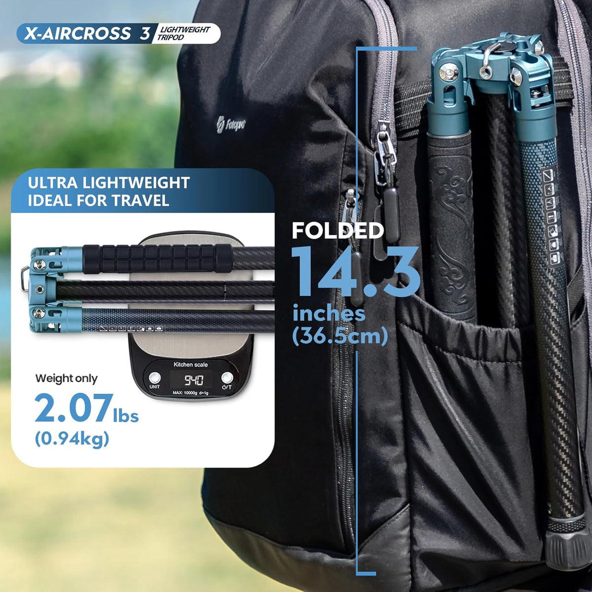 Fotopro Carbon Fiber Tripod 60 Inch 360 Degree Ball Head Quick Release Plate Lightweight Camera Tripod for Travel Tripod Folded Height Only 14.2",Max Loads up to 22lbs,Blue