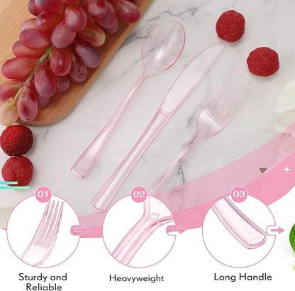 Minatee 150 Pieces Disposable Cutlery Set Plastic Silverware Heavy Duty Utensil Sets 50 Forks 50 Knives 50 Spoons for Home Office School Party Picnics Restaurant Outdoor Events(Pink)