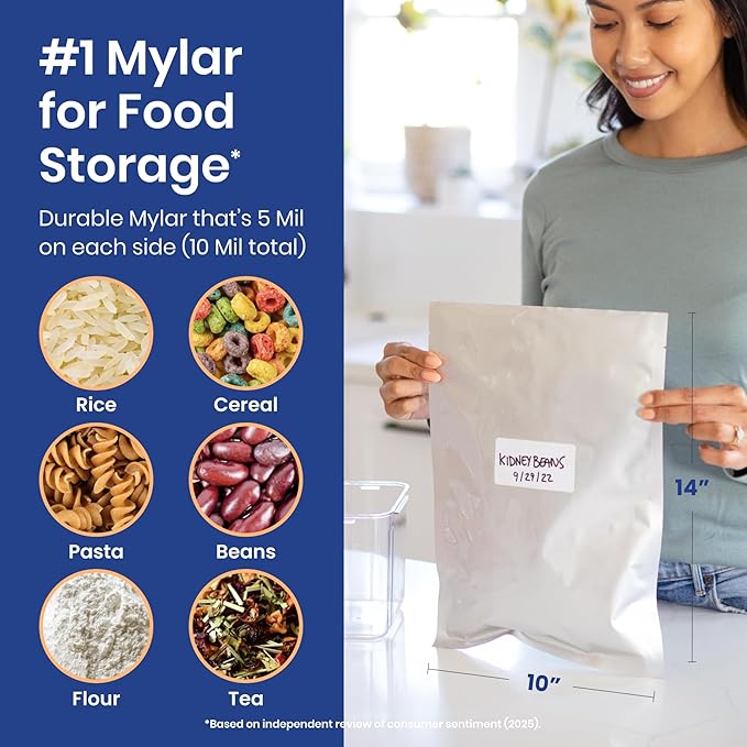 Wallaby 30 Count 1-Gallon Mylar Bags with 400cc Oxygen Absorbers, 10 Mil Total Thickness Long-Term Food Storage Pouches, 10x14 Heat-Sealable Airtight Packaging - Silver