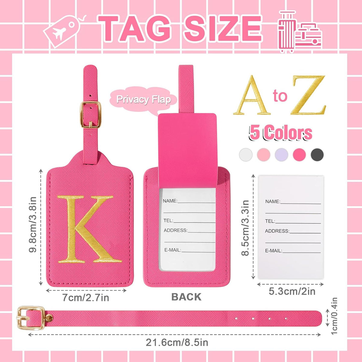 Personalized Initial Luggage Tags with Privacy Cover, Rose Red Leather, Cute Embroidered Custom Monogram Tags for Women, Kids