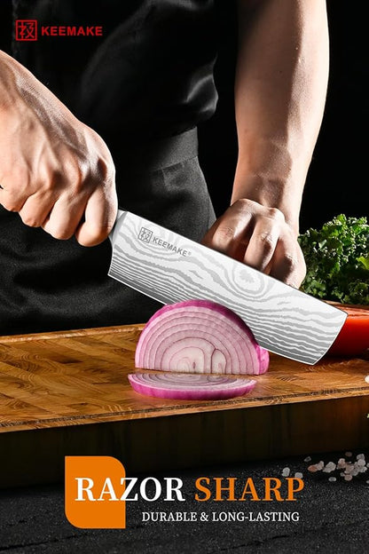 KEEMAKE Nakiri Knife Meat Cleaver: 7 Inch Razor Sharp Chef Kitchen Knife for Cutting Vegetable Cooking Knives - Multipurpose High Carbon Stainless Steel with Pakkawood Handle, Gift box and Sheath