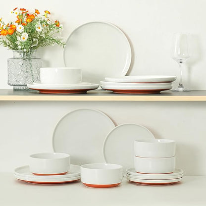 6 Piece Dinnerware Sets for 2, Dual Glaze Stoneware Plates and Bowls Set, Microwave and Dishwasher Safe, Stardust Glaze White