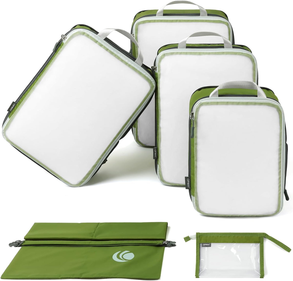 Cipway Compression Packing Cubes, See Through Mesh Luggage Organizer Bags, Travel Essentials for Carry on Suitcase with Laundry Bag and Clear Toiletries Bag（6 Pcs,Green）