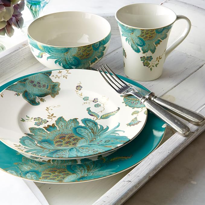 222 Fifth 16-Piece Porcelain Dinnerware Set for 4, Elegant Floral Plates and Bowls Sets-White, Teal, Gold Ceramic Dishes, Chip Resistant Kitchen and Dining Dish Set, Microwave & Dishwasher Safe, Eliza