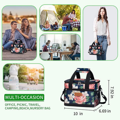 iknoe Large Foldable Cooler Bag, 8.5L Insulated Lunch Bag, Leakproof Lunch Cooler Tote with Multi-Bag Design Suitable for Beach, Picnic and Office Use, Flower 15-Can