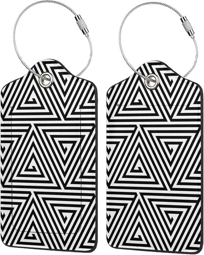 2 Pcs Black and White Abstract Patterns Luggage Tag for Suitcase, Seamless Geometric Triangles Birthday Gift, Steel Loop with Privacy Cover ID Label