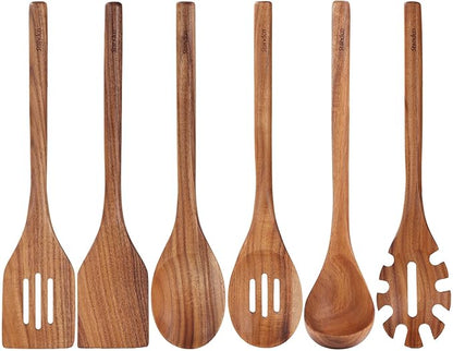 Acacia Wood Utensils Set - 6 Piece Handmade Wooden Spoons for Cooking, Natural Acacia Wood Kitchen Utensils for Non-stick Cookware, Turner, Serving Spoon, Slotted Spoon, Soup Ladle, Spaghetti