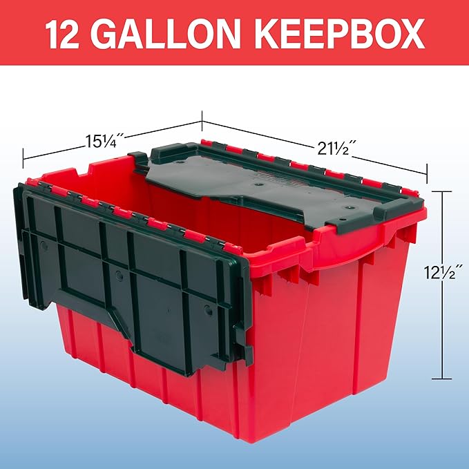 Akro-Mils KeepBox 12 Gallon Storage Container, Nesting and Stackable Plastic Storage Box with Lid Attached, Clear Tote for Garages, Closets, and Moving, 21-1/2" x 15" x 12-1/2", Red/Green